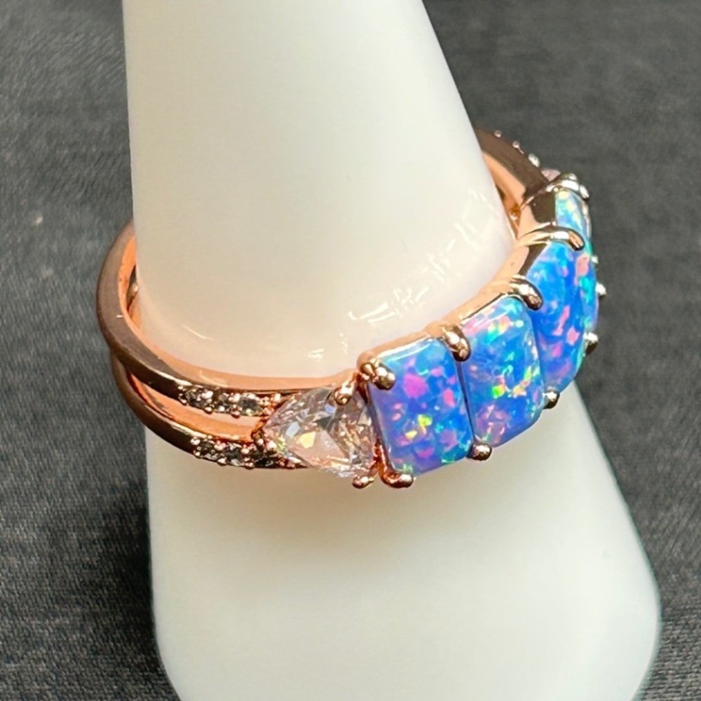 Bomb Party Rose Gold Plated Blue Lab Opal Cubic Zirconia Split Shank Ring Size 9 - Picture 6 of 10